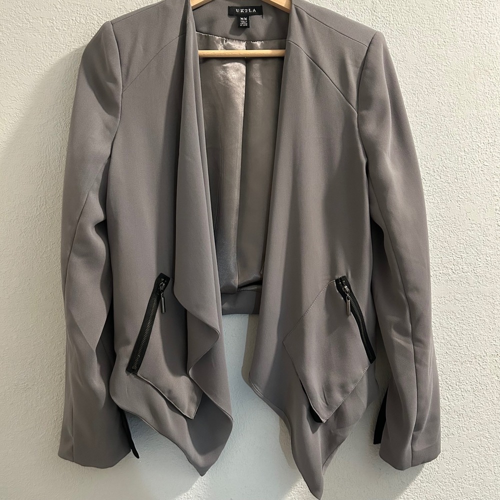 UK2LA Gray Open Front Blazer‎ Jacket Pockets Zipper Detail Career Casual